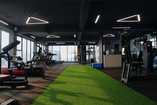 View of the gym equipment racks.